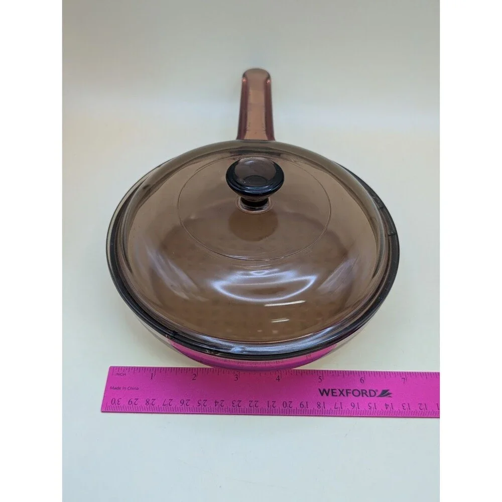Vtg Corning Ware Visions Amber 7 Inch Frying Pan Waffle Bottom & Pyrex Lid V1.5C